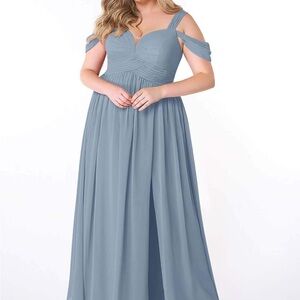 Azazie Lianne Dusty Blue A Line Off Shoulder Chiffon Maxi Formal Dress